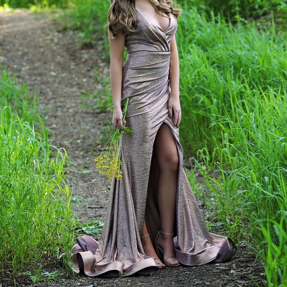 Jovani Mermaid Fit and Flare Prom Dress Gown Copper Bronze Gold Metallic Size 0